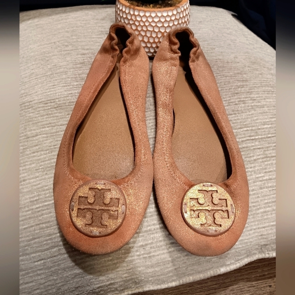 Tory Burch Minnie Travel Flats Sparkle Pink Metallic Leather 7.5 Pave Logo GUC